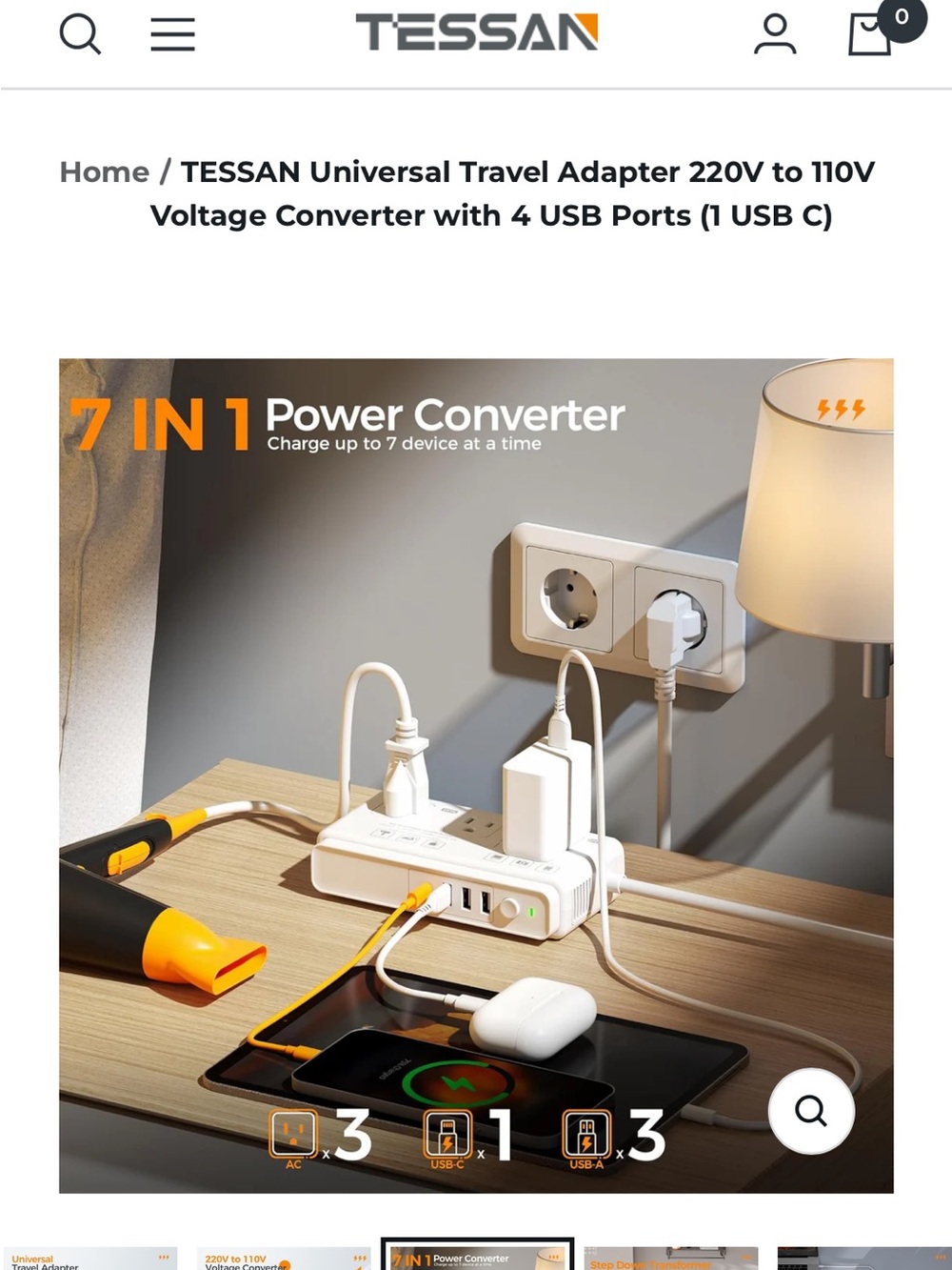 NWOB White 7-in-1 Universal Travel Power Converter with 4 USB Ports